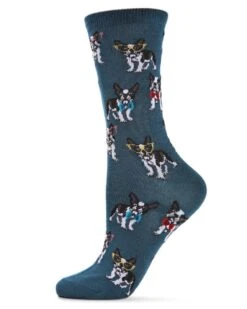 Memoi MCV04094-40106-9-11 French Bulldogs Bowtie Bamboo Crew Socks For Womens, Legion Blue - Size 9-11