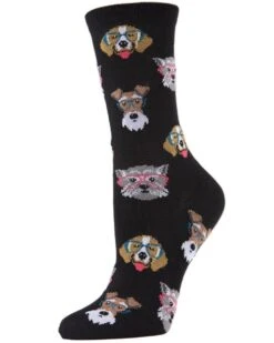 Memoi MCV04095-00001-9-11 Professor Dogs Bamboo Blend Crew Socks For Womens, Black - Size 9-11