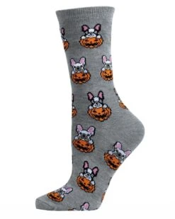 Memoi MCV05778-03003-9-11 Pumpkin Puppy Holiday Crew Socks For Womens, Medium Gray Heather - Size 9-11