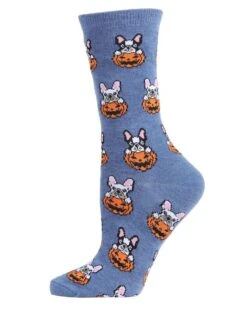 Memoi MCV05778-40802-9-11 Pumpkin Puppy Holiday Crew Socks For Womens, Denim Heather - Size 9-11