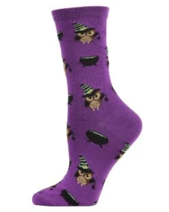 Memoi MCV05779-50128-9-11 Witchy Owl Holiday Crew Socks For Womens, Imperial Purple - Size 9-11