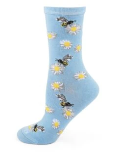 Memoi MCV06811-45012-9-11 Daisy Bees Bamboo Crew Sock For Womens, Light Blue - Size 9-11