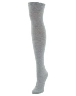 Memoi MF6-833-05005-OS Crochet Floral Stripe Over The Knee Socks For Womens, Light Gray Heather - One Size