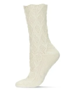 Memoi MF6-5603-75002-OS Weaved Flower Chunky Knit Crew Socks For Womens, Ivory - One Size