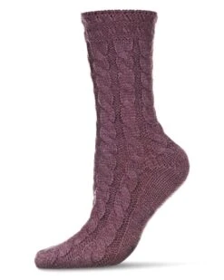 Memoi MF6-5604-59907-OS Twist Chunky Knit Crew Socks For Womens, Eggplant Heather - One Size