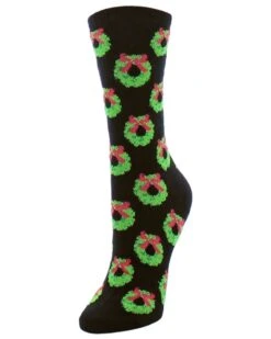 Memoi MF6-1205-00001-OS Wreath Crew Socks, Black - One Size