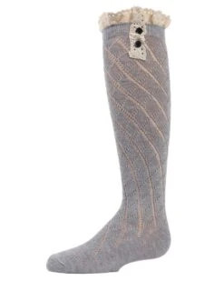 Memoi MKF-7005-03003-9-11 Button Lace Trim Girls Knee-High Socks, Medium Gray Heather - Size 9-11