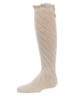 Memoi MKF-7005-11700-7-8 Button Lace Trim Girls Knee-High Socks, Winter White - Size 7-8