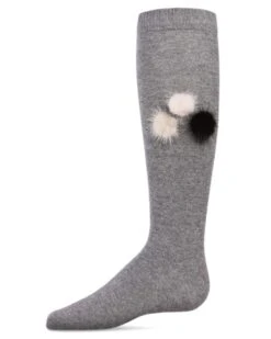 Memoi MKF-7018-03008-4 Fuzzy & Fun Girls Pompom Knee Socks, Medium Gray - Size 4