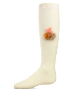 Memoi MKF-7018-11700-10 Fuzzy & Fun Girls Pompom Knee Socks, Winter White - Size 10