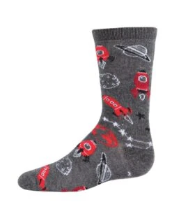 Memoi MFB-2002-01002-67 Rocket Ship Bamboo Blend Boys Crew Socks, Charcoal - Size 6-7