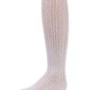 Memoi MKF-7006-10103-7-8 Leaves Open Work Girls Knee-High Socks, White - Size 7-8