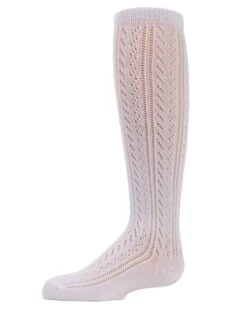 Memoi MKF-7006-10103-7-8 Leaves Open Work Girls Knee-High Socks, White - Size 7-8