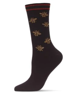Memoi MCF07411-00001-9-11 Striped Bee Crew Socks For Womens, Black - Size 9-11