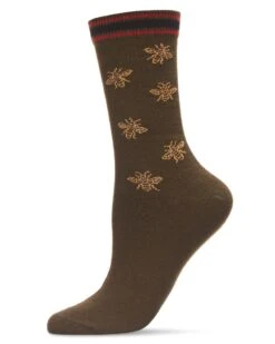 Memoi MCF07411-30110-9-11 Striped Bee Crew Socks For Womens, Olive - Size 9-11