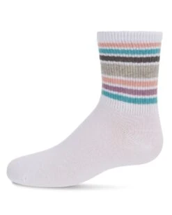 Memoi MKF-6040-10103-6 Metallic Sport Stripe Crew Sock For Girls, White - Size 6