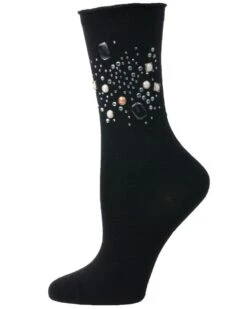 Memoi MF7-690-00001-OS Treasure Bejeweled Crew Sock For Womens, Black - One Size