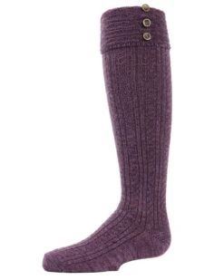 Memoi MKF-7500-54008-9-11 Button Cable Turnover Girls Knee-High Boot Socks, Purple - Size 9-11