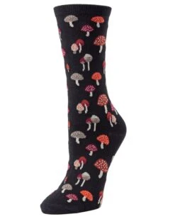 Memoi MCV05739-00001-9-11 Mushroom Field Bamboo Blend Crew Sock For Womens, Black - Size 9-11