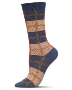 Memoi MCF07516-40106-9-11 Womens Retro Plaid Cotton Blend Crew Socks, Legion Blue - Size 9-11