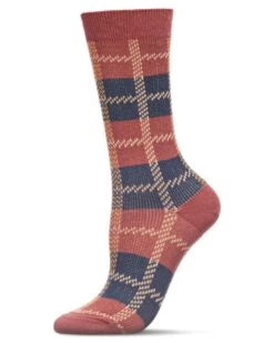 Memoi MCF07516-99908-9-11 Womens Retro Plaid Cotton Blend Crew Socks, Mauve - Size 9-11